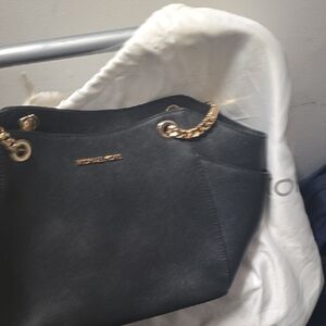 Michael Kors Black Leather Shoulder Tote with Gold Chain Accents